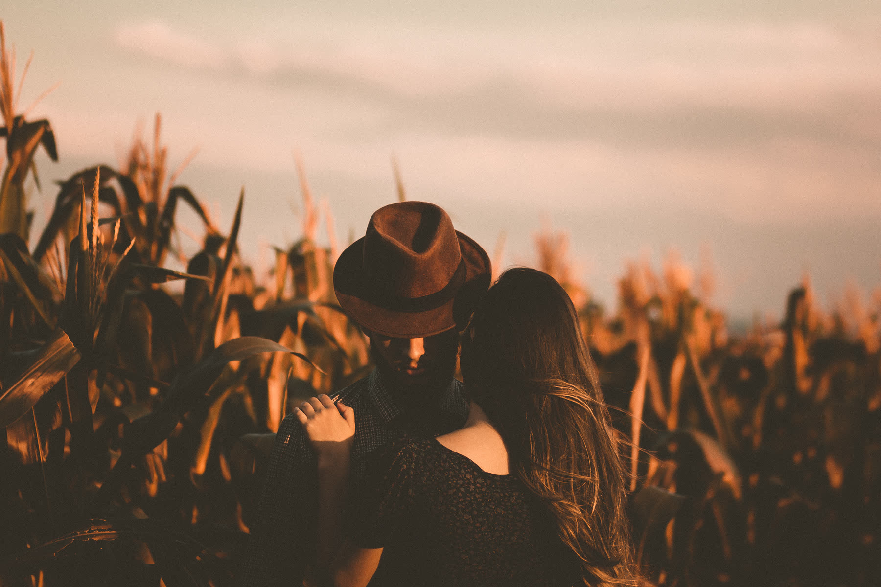 Couple enlacé dans un champ doré au coucher du soleil